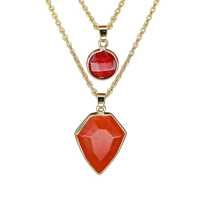 Fashionable Rhombus-shaped Teardrop Necklace With Red Inlaid Stones