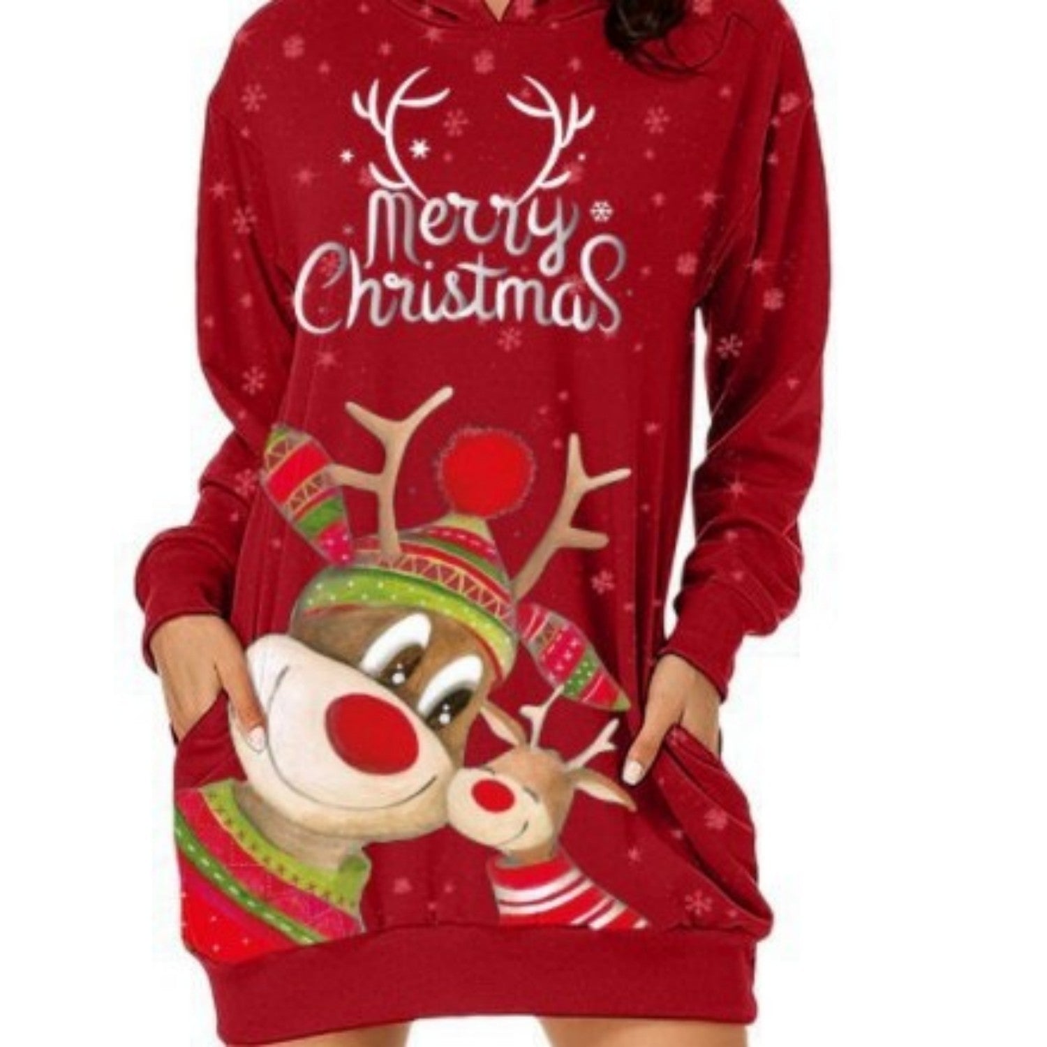 Elk Printed Long Sleeve Pocket Hooded Sweater