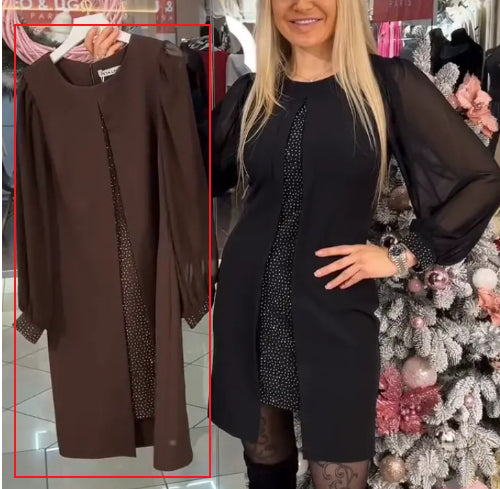 Fashion Round Neck Long Sleeve Rhinestone Stitching Dress