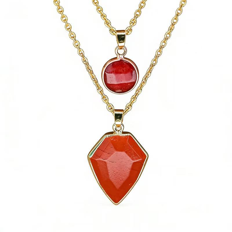 Fashionable Rhombus-shaped Teardrop Necklace With Red Inlaid Stones